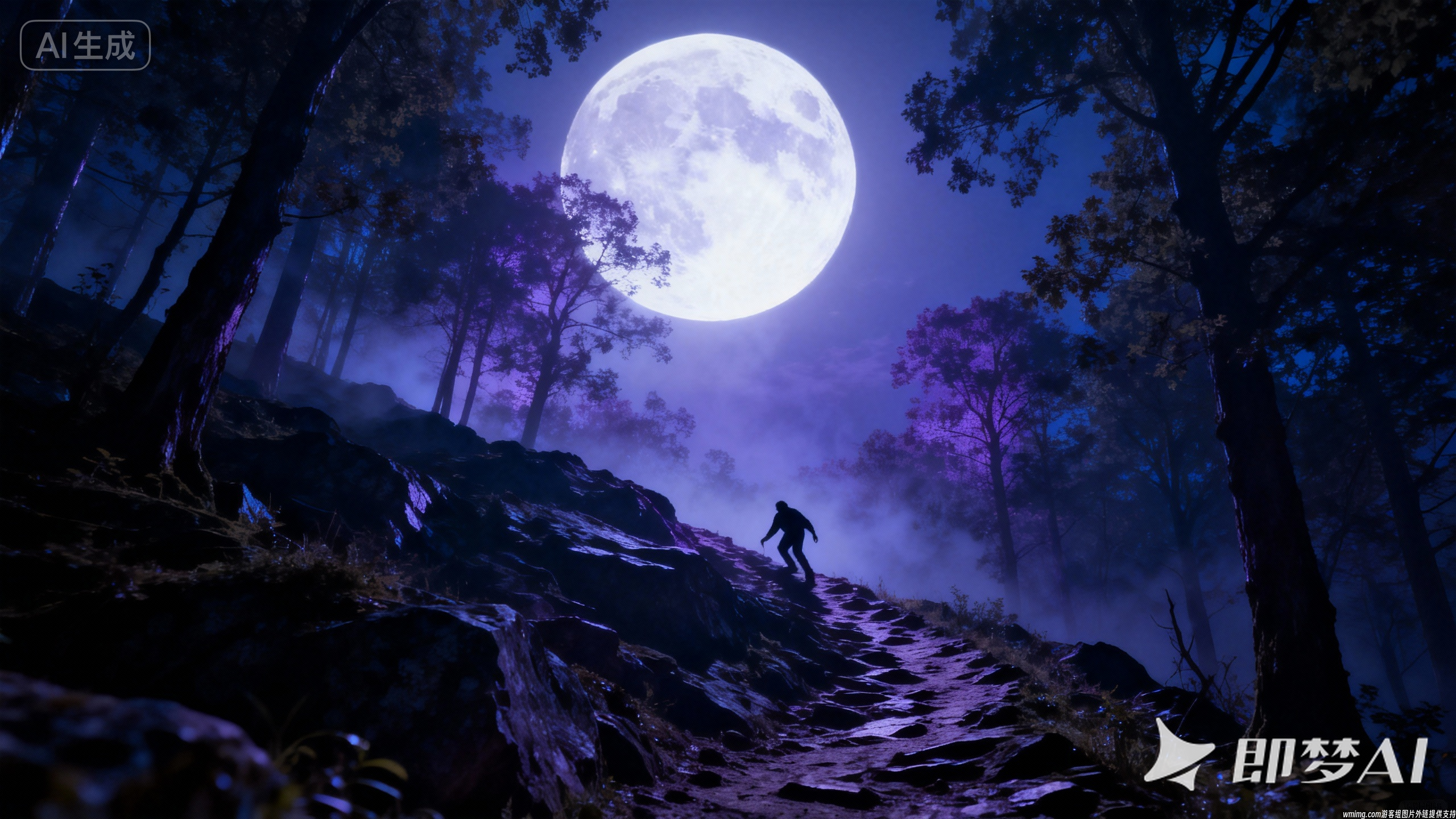 jimeng-2025-11-20-7476-深夜的山林小径，一轮巨大明亮的满月高悬在天空中，月光洒在崎岖的山路上，一个孤独的....png