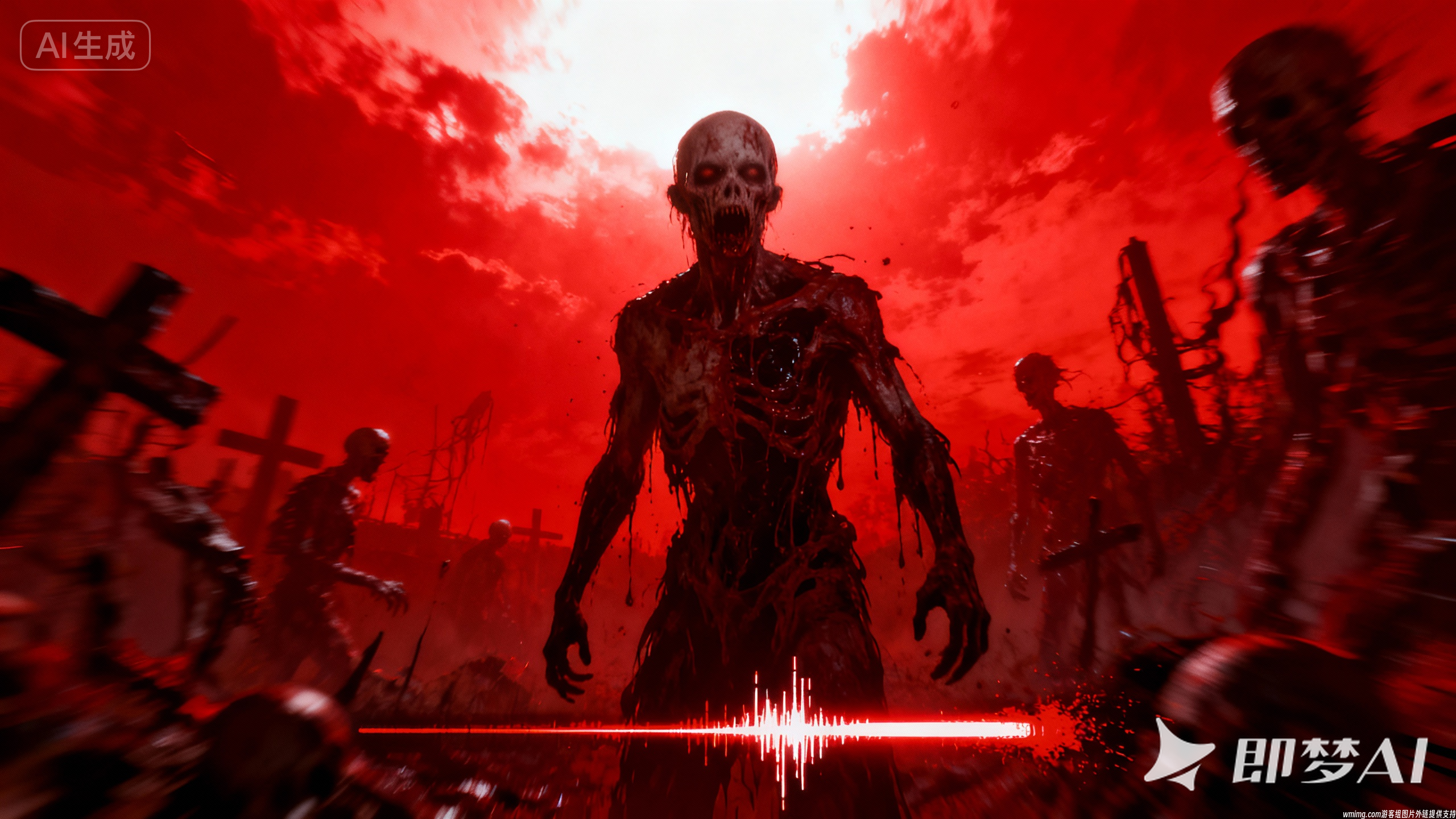 jimeng-2025-11-20-8202-恐怖氛围达到顶峰的场景，整个天空虽然明亮但充满了诡异的红光和闪烁效果，如同游戏血....png